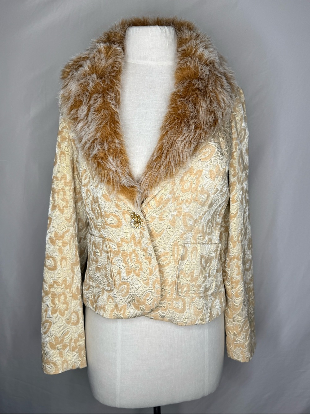 I.C.E Gold/Cream Jacquard Blazer Jacket Faux Fur Trim Size 14 New